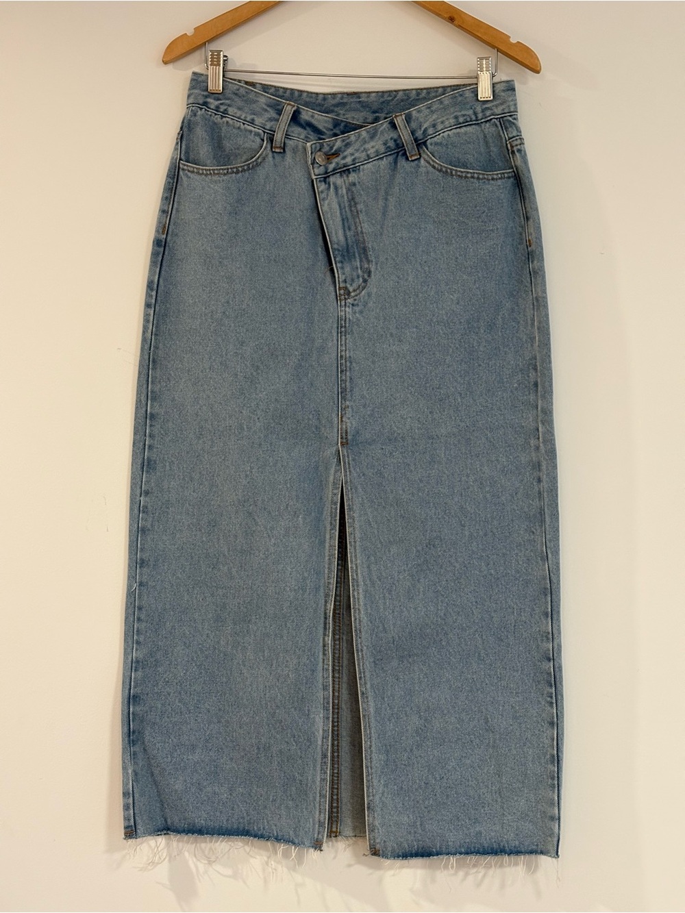 High-Waist Light Blue Denim Midi Skirt with Front Slit
